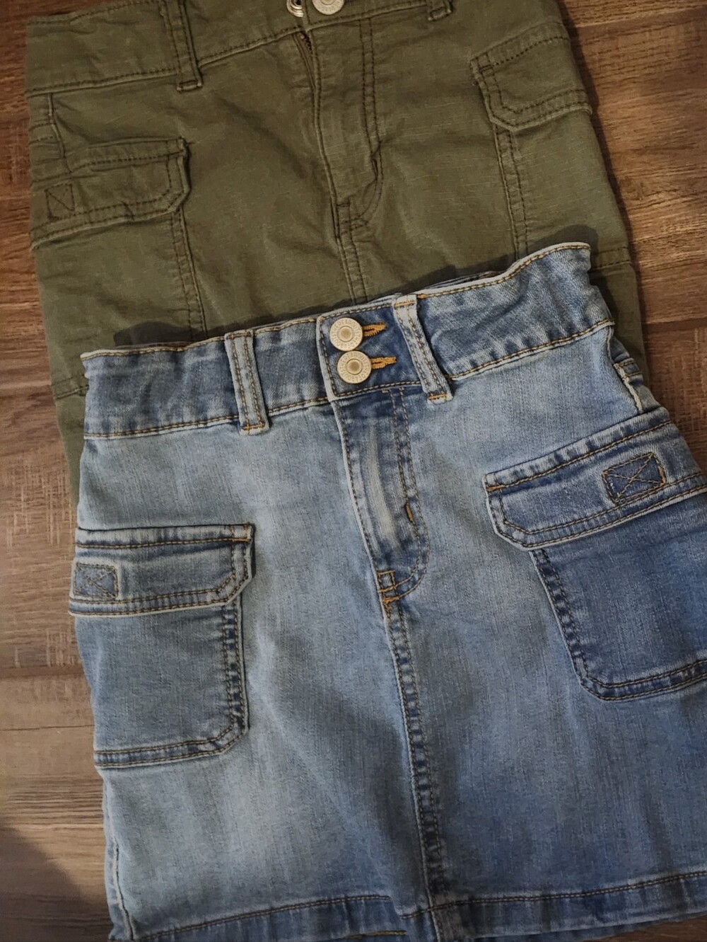 2 Girls Olive Green and Light Blue Denim Skirt Duo